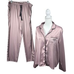 Victoria's Secret Pajama Set Sz L Mauve Pink Satin Button Up Rich Girl Luxury